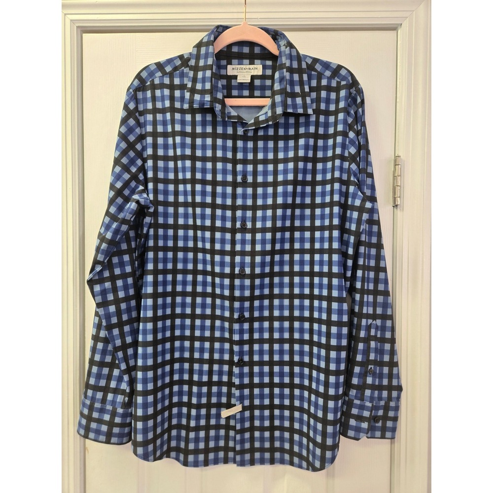 Mizzen+Main Performance Menswear Trim Fit Plaid Button Down Shirt Blue Black L